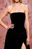 Velvet Simple Black Long Strapless Evening Dress with Slit