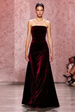 Dark Red Strapless Velvet Long Evening Dress
