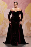 Dark Red A Line Velvet Off The Shoulder Plus Size Maxi Dress with Long Sleeves