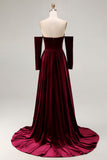Dark Red Sweetheart A Line Long Velvet Dress with Long Sleeves