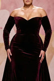 Dark Red A Line Velvet Off The Shoulder Plus Size Maxi Dress with Long Sleeves