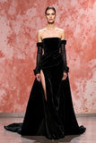 Velvet Black A Line Strapless Long Evening Dress with Slit