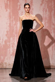 Simple Black Strapless A Line Velvet Evening Dress