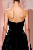 Simple Black Strapless A Line Velvet Evening Dress