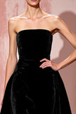 Simple Black Strapless A Line Velvet Evening Dress