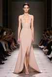 A-Line Champagne V-Neck Satin Evening Dress with Slit