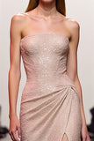 A-Line Champagne Strapless Sequin Evening Dress with Slit