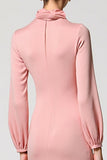 Long Sleeve Cowl Neck A Line Pink Wedding Guest Dress