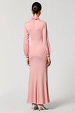 Long Sleeve Cowl Neck A Line Pink Wedding Guest Dress
