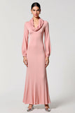 Long Sleeve Cowl Neck A Line Pink Wedding Guest Dress