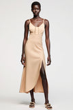 A Line Apricot Spaghetti Straps Wedding Guest Dress With Slit