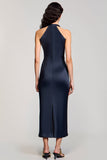 Halter Navy Sheath Midi Wedding Guest Dress