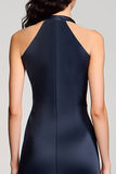 Halter Navy Sheath Midi Wedding Guest Dress
