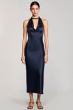Halter Navy Sheath Midi Wedding Guest Dress