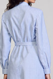 Long Sleeve Blue Stripes Sheath Work Dress With Belt