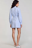 Long Sleeve Blue Stripes Sheath Work Dress With Belt