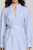 Long Sleeve Blue Stripes Sheath Work Dress With Belt