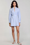 Long Sleeve Blue Stripes Sheath Work Dress With Belt