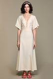 A Line V Neck Long White Wedding Guest Dress