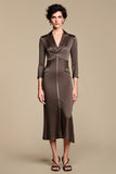 Brown Notched Lapel Sheath Midi Work Dress