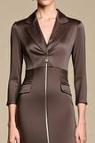 Brown Notched Lapel Sheath Midi Work Dress