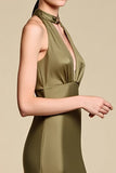 Halter Keyhole Sheath Olive Wedding Guest Dress