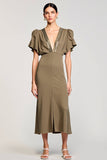 Olive Sheath V Neck Midi Wedding Guest Dress With Sequins