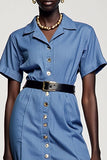 Blue Notched Lapel Sheath Mini Work Dress With Belt