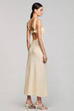 Cowl Neck Sheath Apricot Midi Wedding Guest Dress With Slit