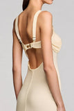 Cowl Neck Sheath Apricot Midi Wedding Guest Dress With Slit