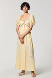 Apricot A Line Square Neck Puff Sleeve Wedding Guest Dress