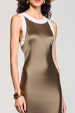 Olive Sheath Round Neck Midi Wedding Guest Dress