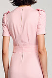 A Line Pink V Neck Midi Work Dress With Belt
