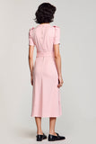 A Line Pink V Neck Midi Work Dress With Belt