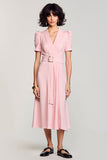 A Line Pink V Neck Midi Work Dress With Belt