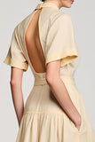 High Neck A Line Long Apricot Work Dress With Belt