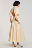 High Neck A Line Long Apricot Work Dress With Belt