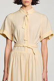 High Neck A Line Long Apricot Work Dress With Belt