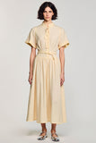 High Neck A Line Long Apricot Work Dress With Belt