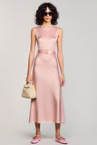 A Line Pink Round Neck Long Wedding Guest Dress With Belt