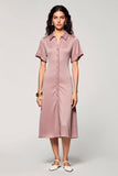 Pink A Line Lapel Midi Work Dress