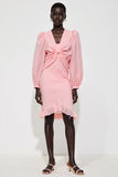 Long Sleeve V Neck Pink Ruched Wedding Guest Dress