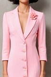 Pink Notched Lapel Floral 3/4 sleeve Wedding Guest Dress