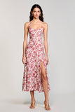 Red Floral Square Neck A Line Wedding Guest Dress