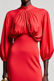 Red Sheath 3/4 Sleeve Midi Wedding Guest Dress