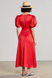 Red A Line Satin Puff Sleeve Wedding Guest Dress