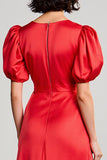 Red A Line Satin Puff Sleeve Wedding Guest Dress