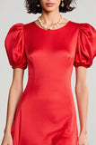 Red A Line Satin Puff Sleeve Wedding Guest Dress