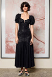 Black A Line Lace Puff Sleeve Wedding Guest Dress