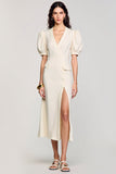 Apricot Sheath V-Neck Wedding Guest Dress with Slit